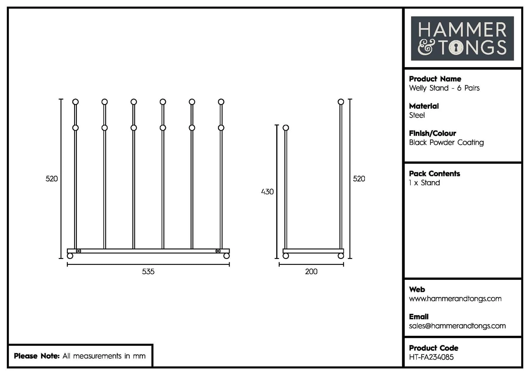 6 Pair Steel Wellington Boot Rack - By Hammer & Tongs