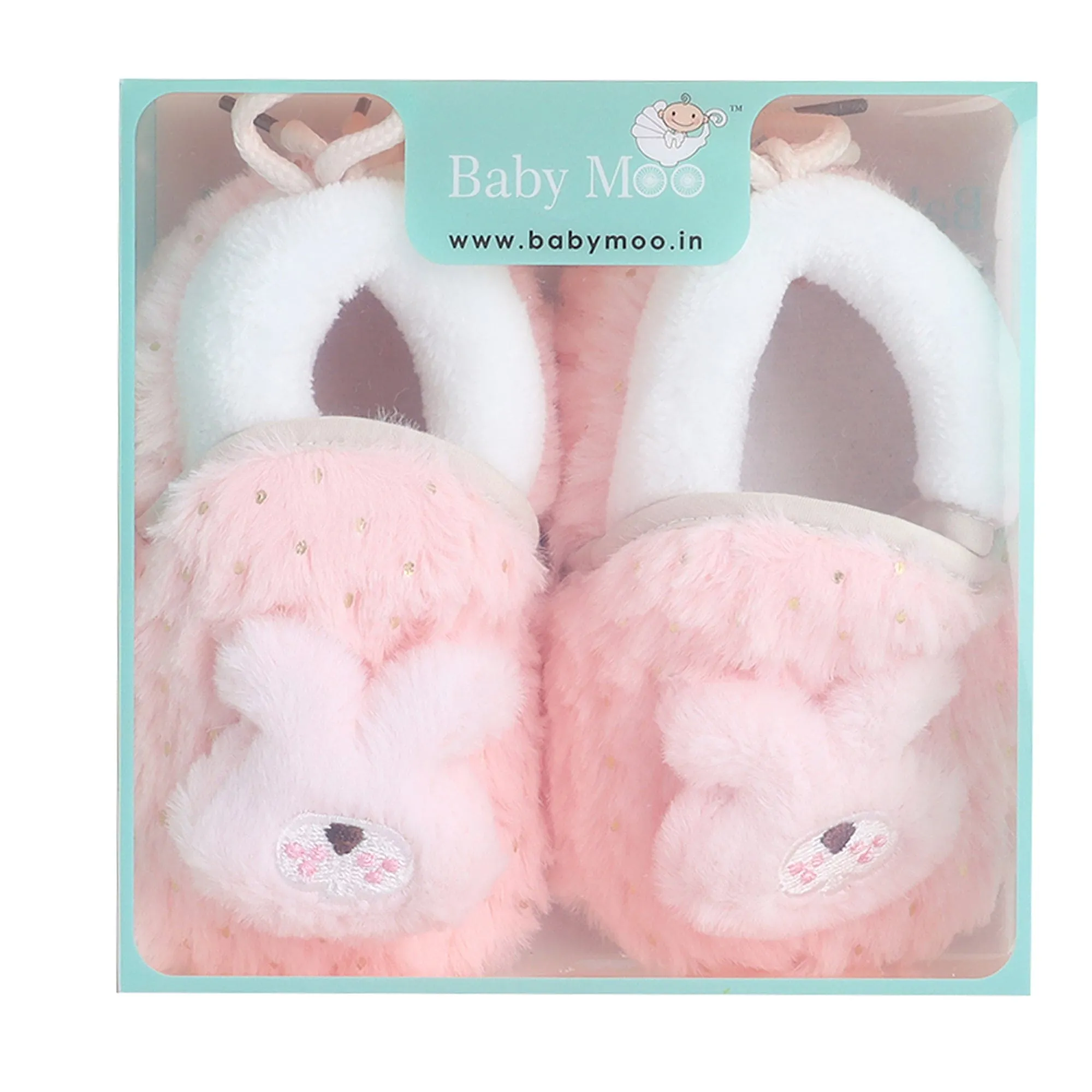 Baby Moo 3D Bunny Soft Slip-On Anti-Skid Plush Warm Booties - Pink