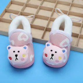 Baby Moo 3D Teddy Buddy Soft Slip-On Anti-Skid Plush Warm Booties - Pink