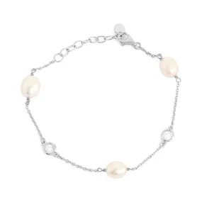 Classic Women's Bracelet - Silver Bezel Set White CZ and Freshwater Pearl | T-7269