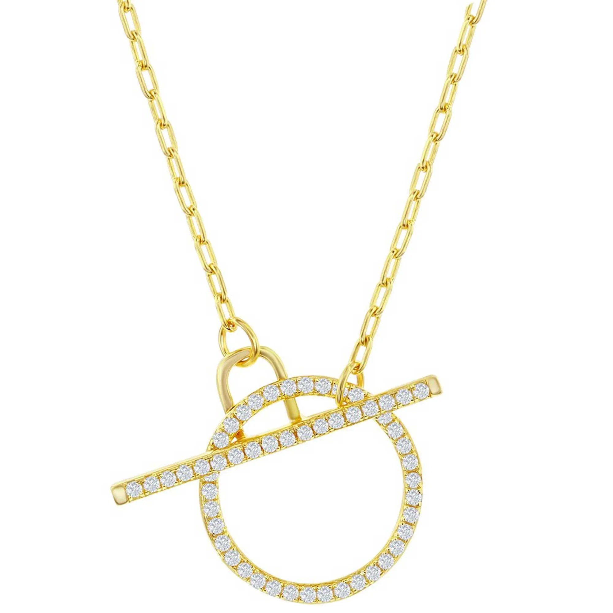 Classic Women's Necklace - Gold Plated Paperclip White CZ Circle Toggle | M-6978-GP