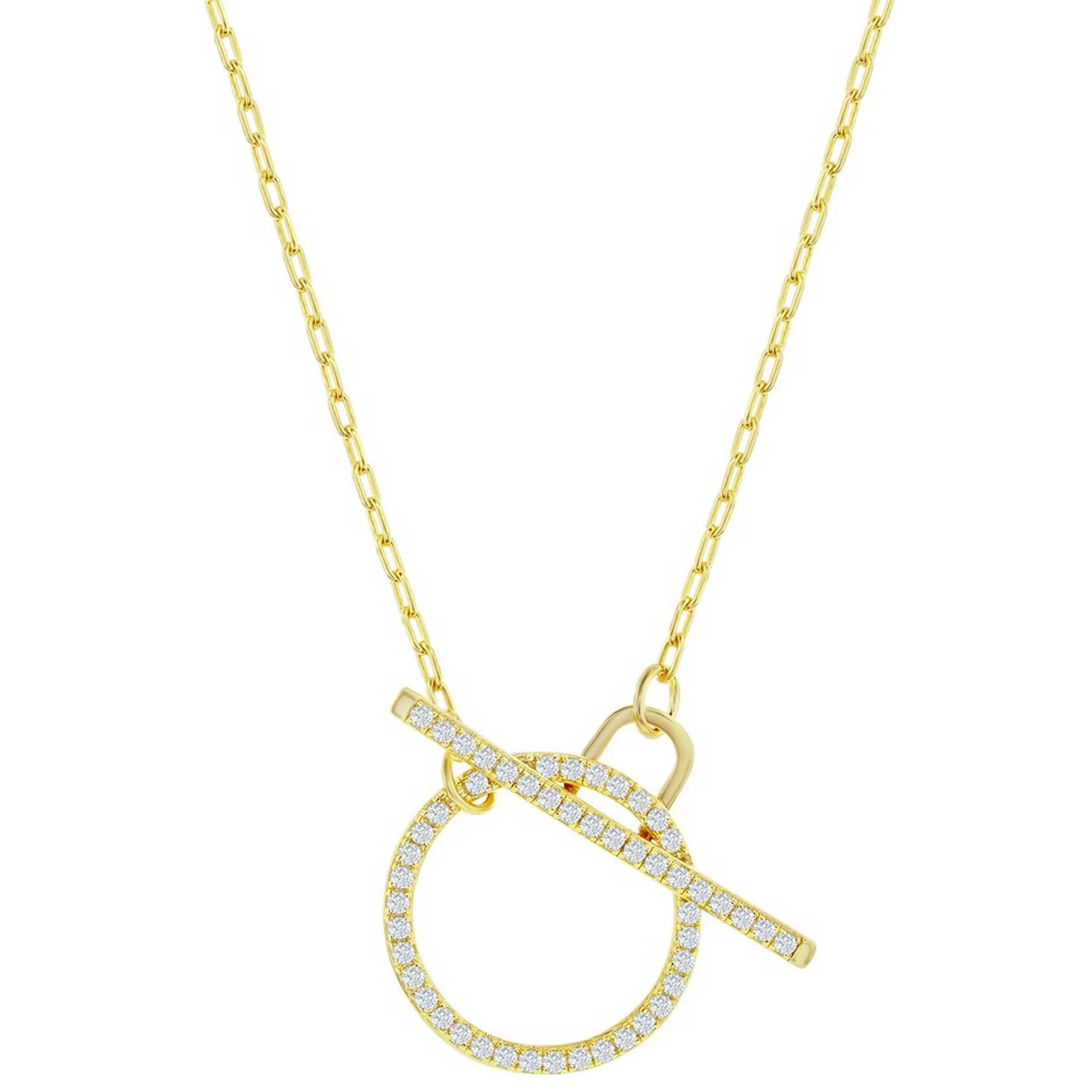 Classic Women's Necklace - Gold Plated Paperclip White CZ Circle Toggle | M-6978-GP