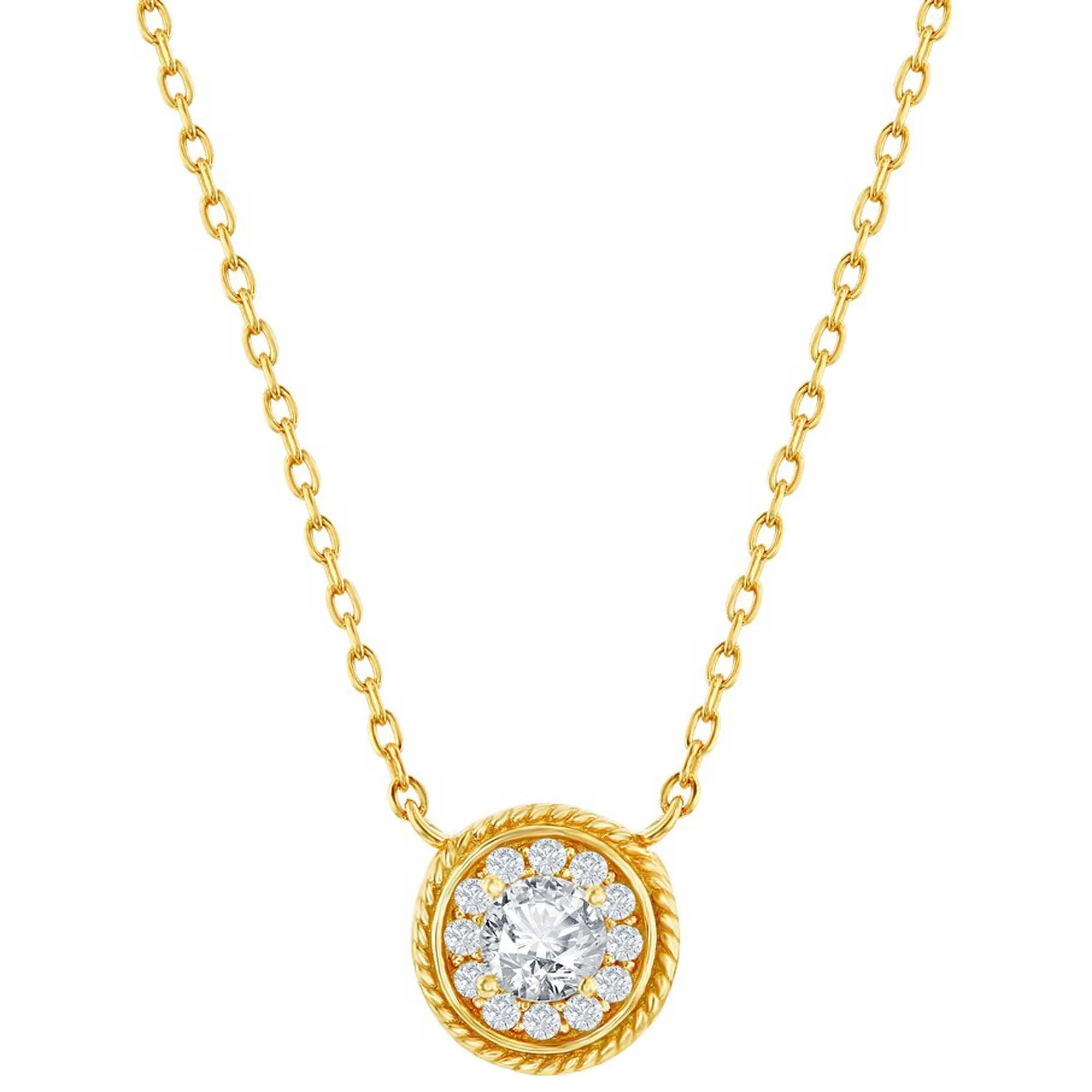 Classic Women's Necklace - Gold Plated Round White CZ Rope Design Border | M-7086-GP