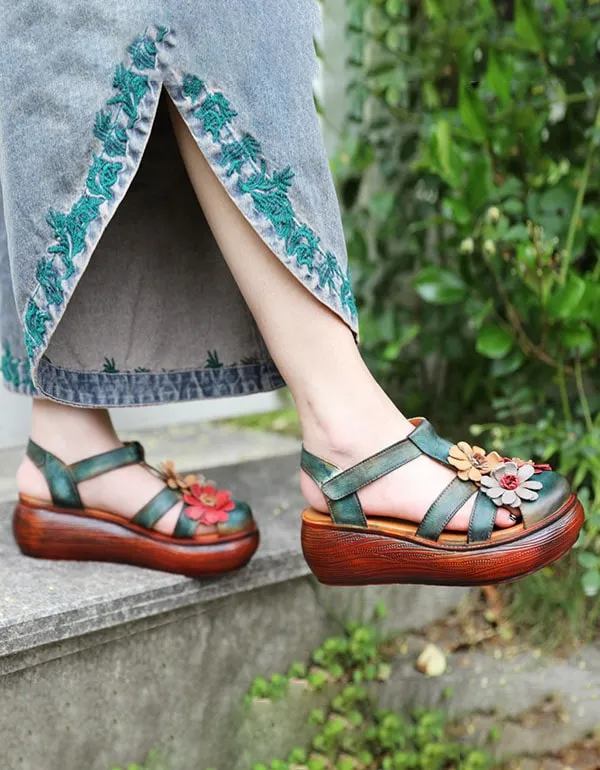 Close Toe Wedge Heel Flower Leather Summer Sandals