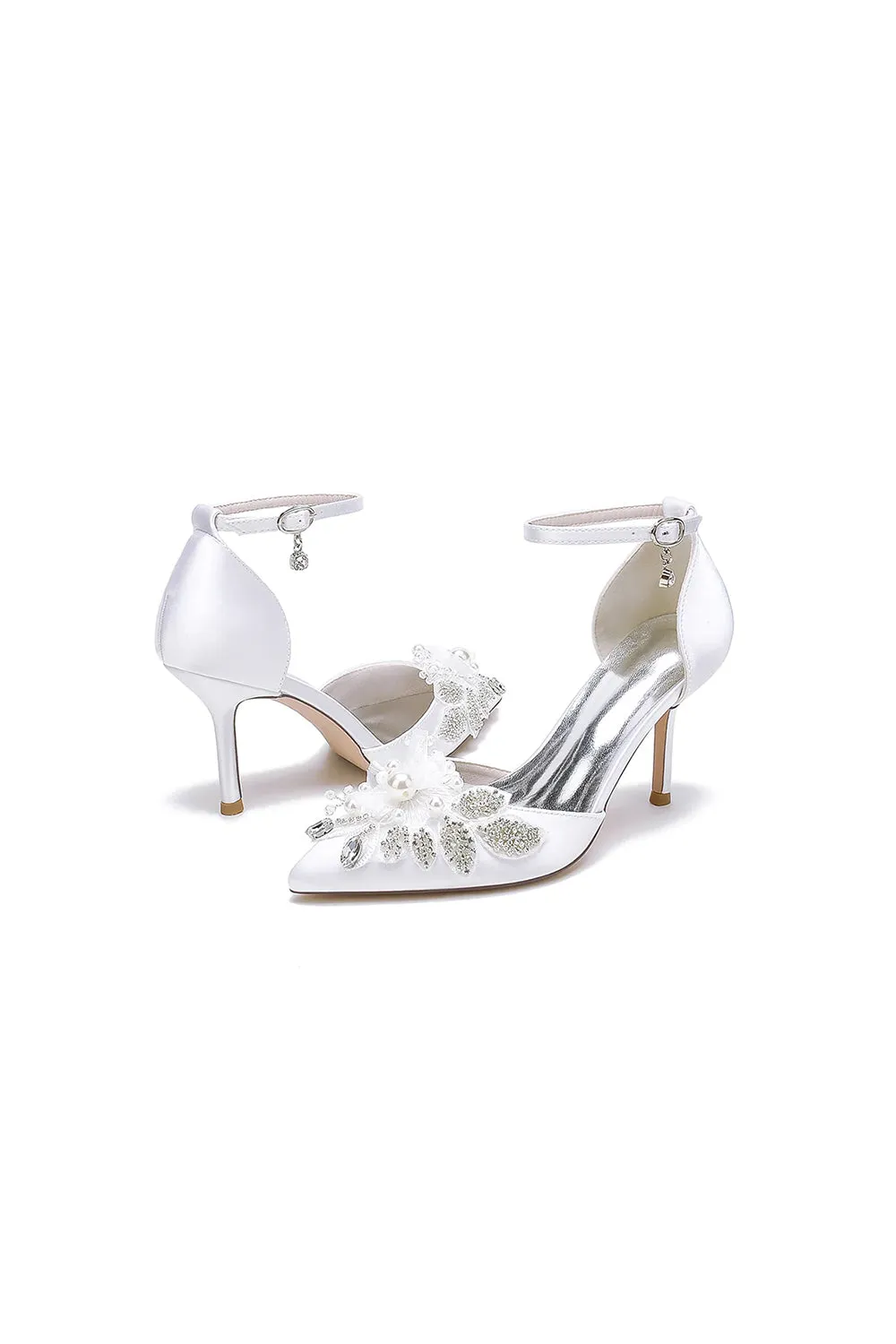 Elegant Ankle Strap White Wedding Shoes With Rhinestone Flower