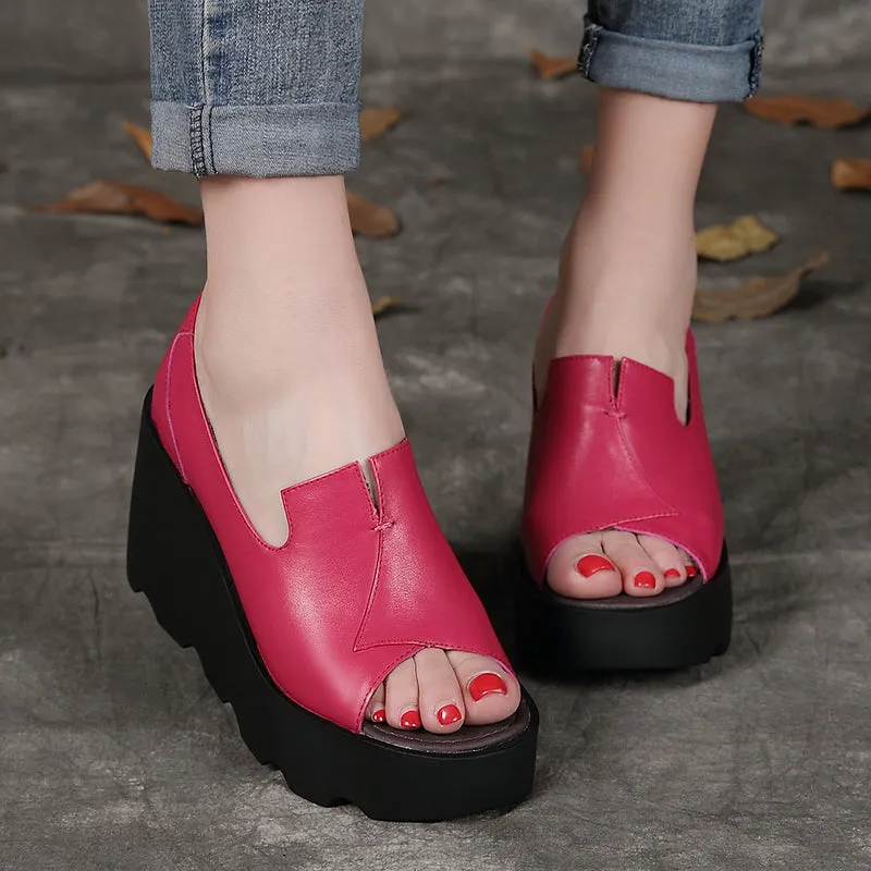 Leather Wedge Heels Fish Toe Fashion Sandals