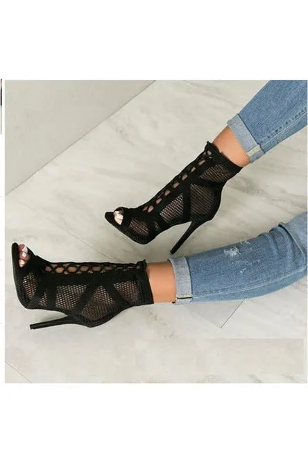 Mesh-Lace-Up Sandals High Heel Boots