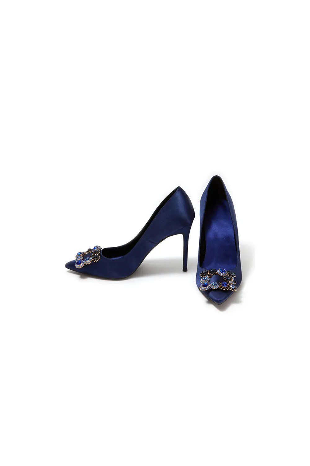 Navy Wedding Satin Pointed Toe Rhinestones Buckle Stiletto Heel Pumps