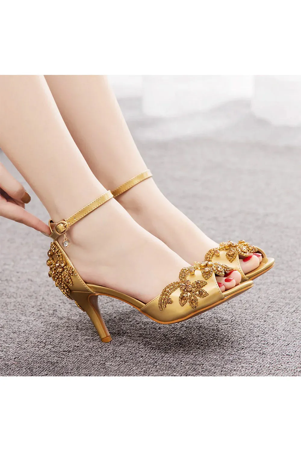 Peep Toe Satin Rhinestone Ankle Strap High Heels