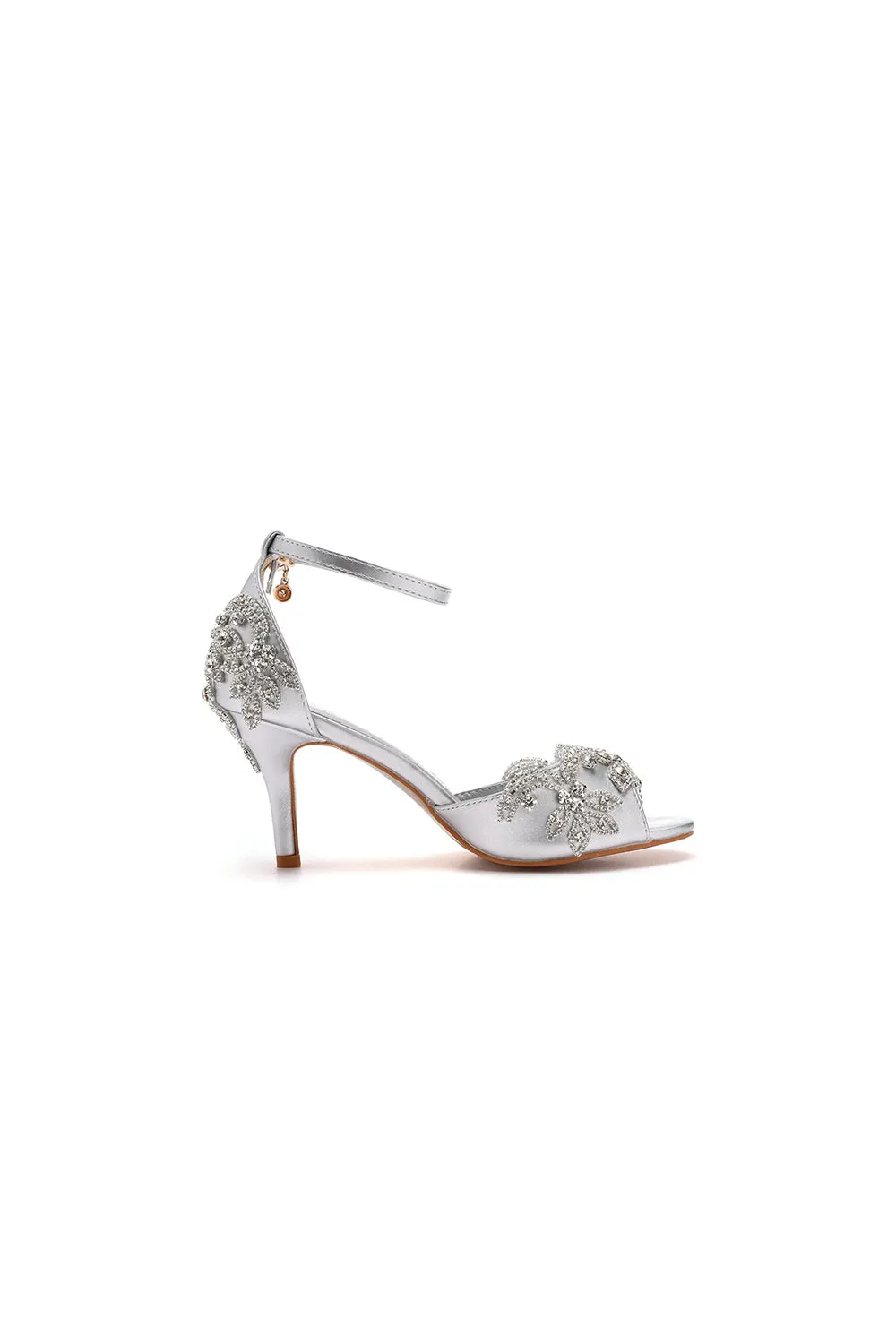 Peep Toe Satin Rhinestone Ankle Strap High Heels