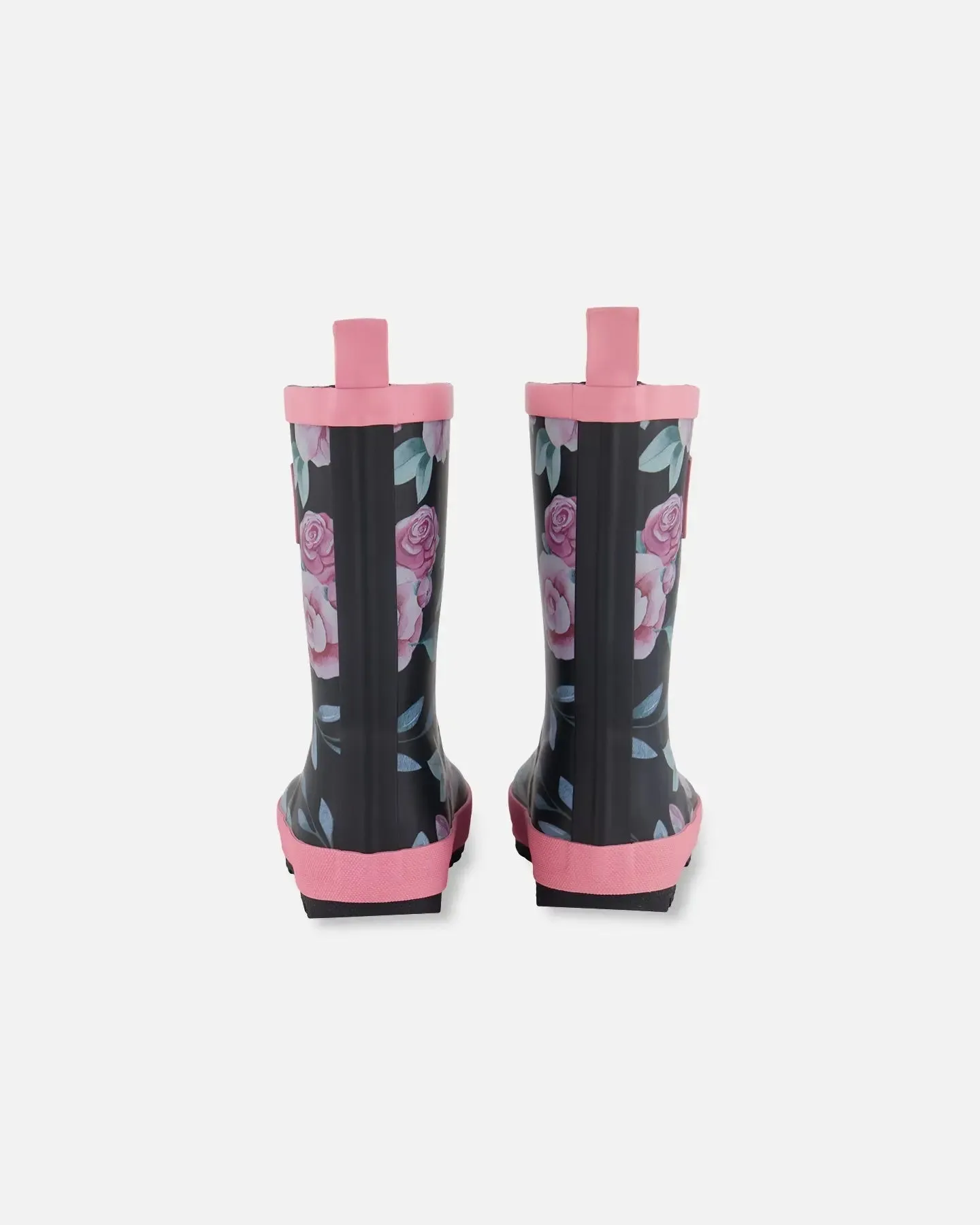 Printed Rain Boots Pink, Black, And Flowers