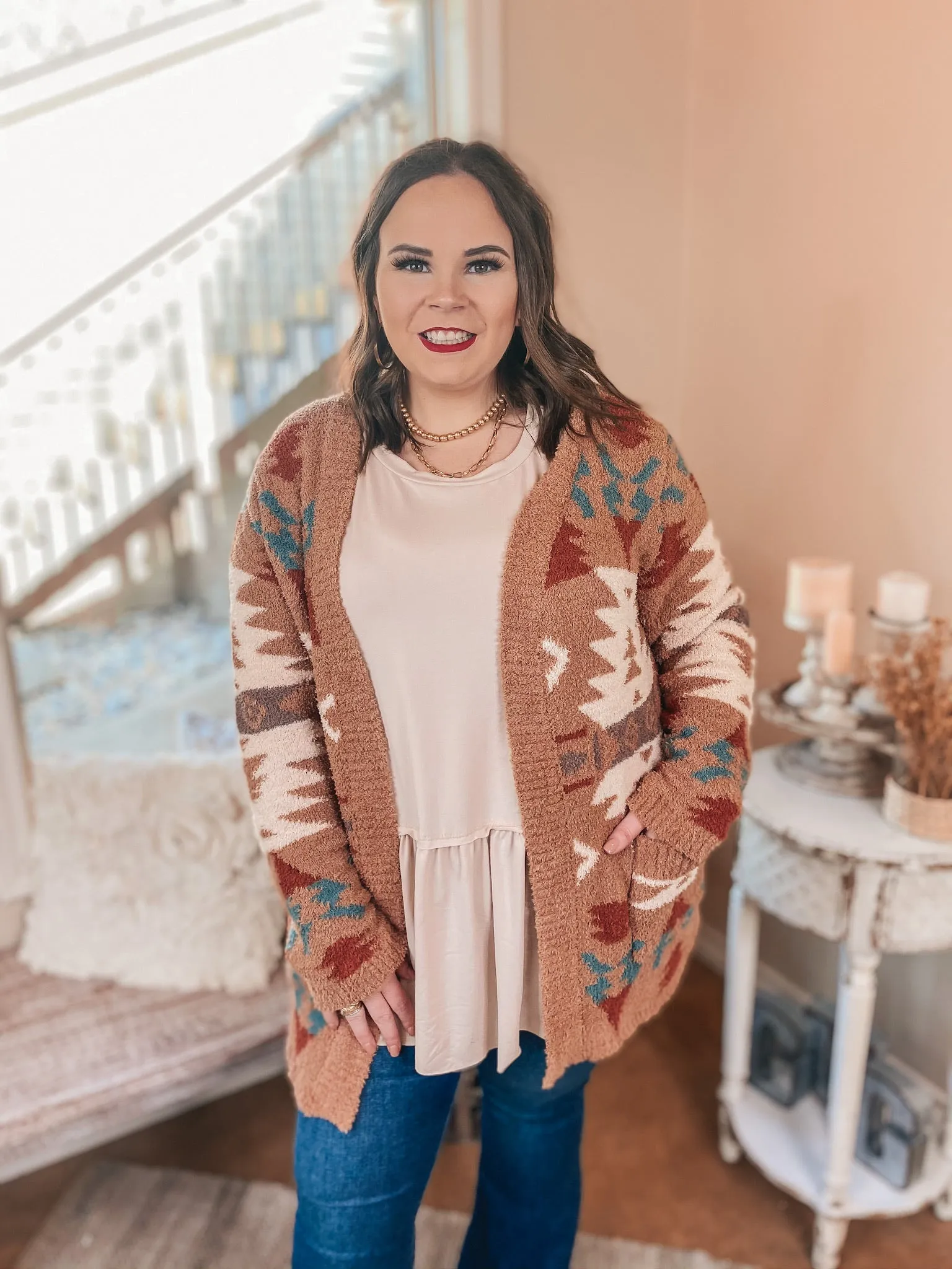 Snuggles in Sheridan Aztec Print Open Front Cardigan in Tan