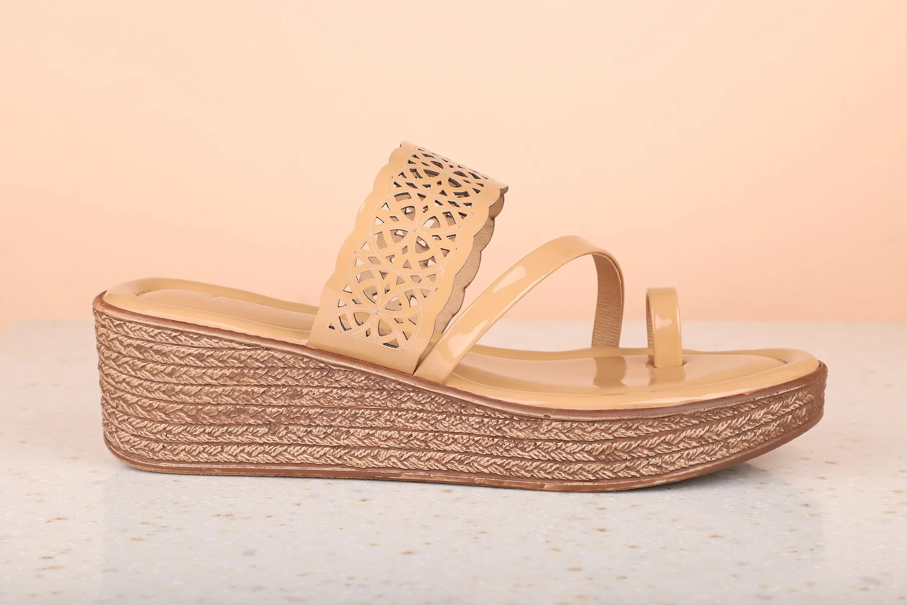 Women Beige Wedge Heels with Laser Cuts